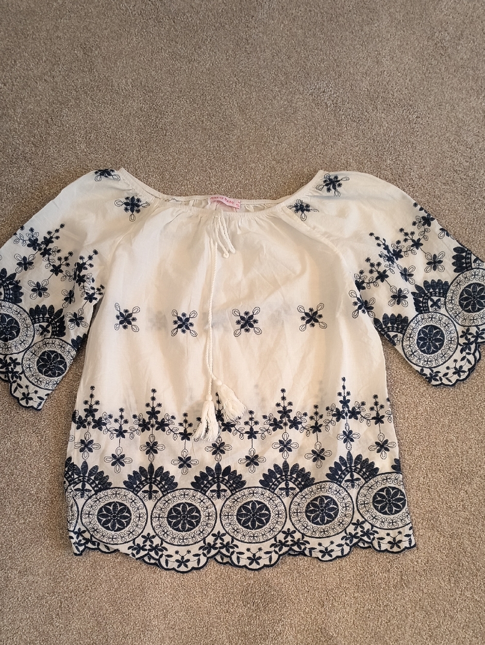 Ana and Rose White Embroidered Peasant Blouse with Navy Floral Motif.  M
